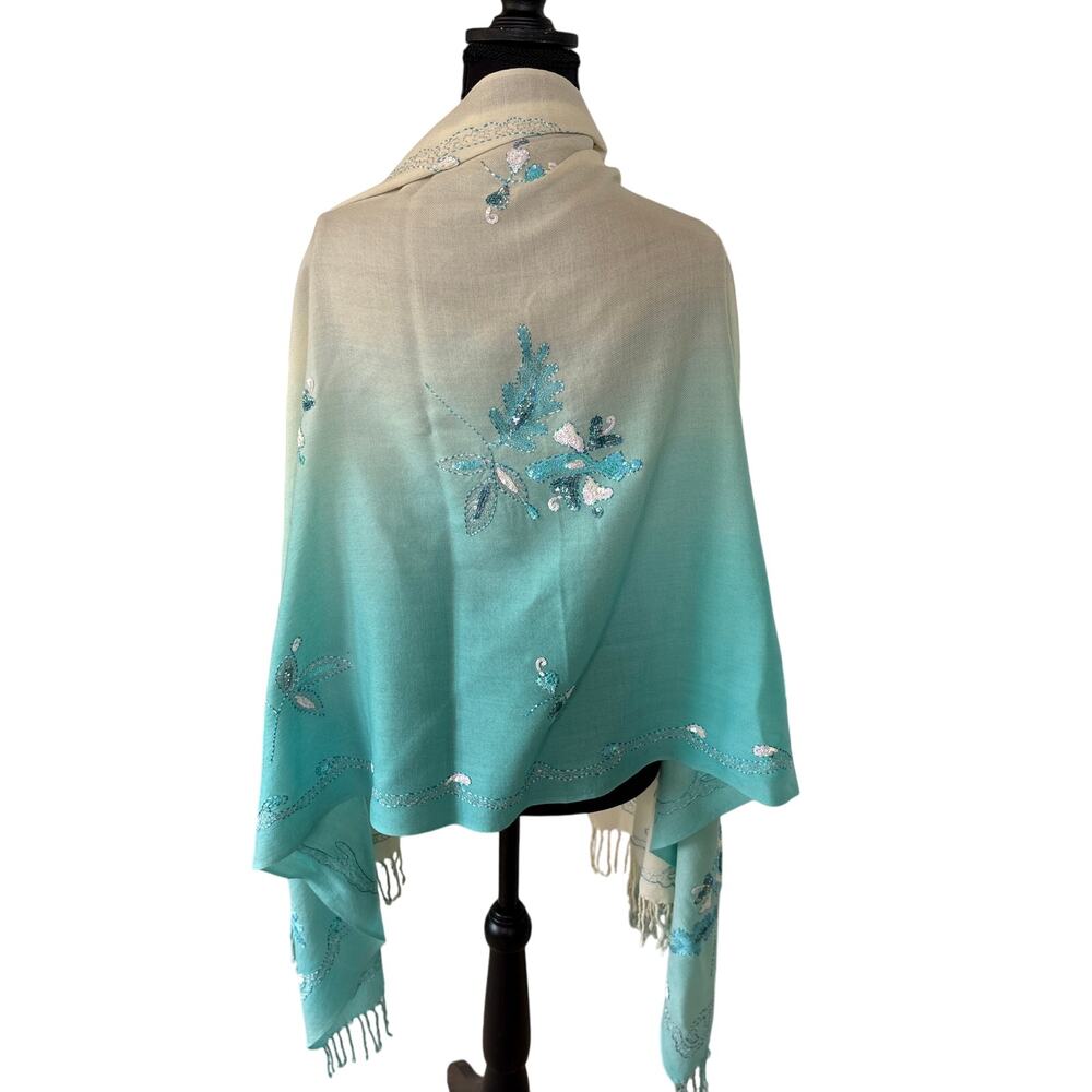 Fairy Sparkle Sequin Evening Scarf Wrap Beaded Floral Tassels Ombre Blue Cream